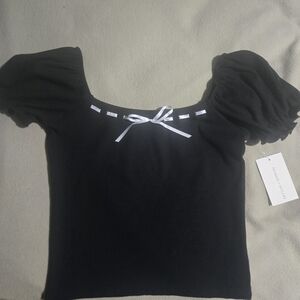 Black Puff Sleeve Top with Ribbon Detail